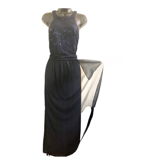 Dark blue sequin halter sheer chiffon faux wrap maxi evening dress gown size 10 - Picture 15 of 15